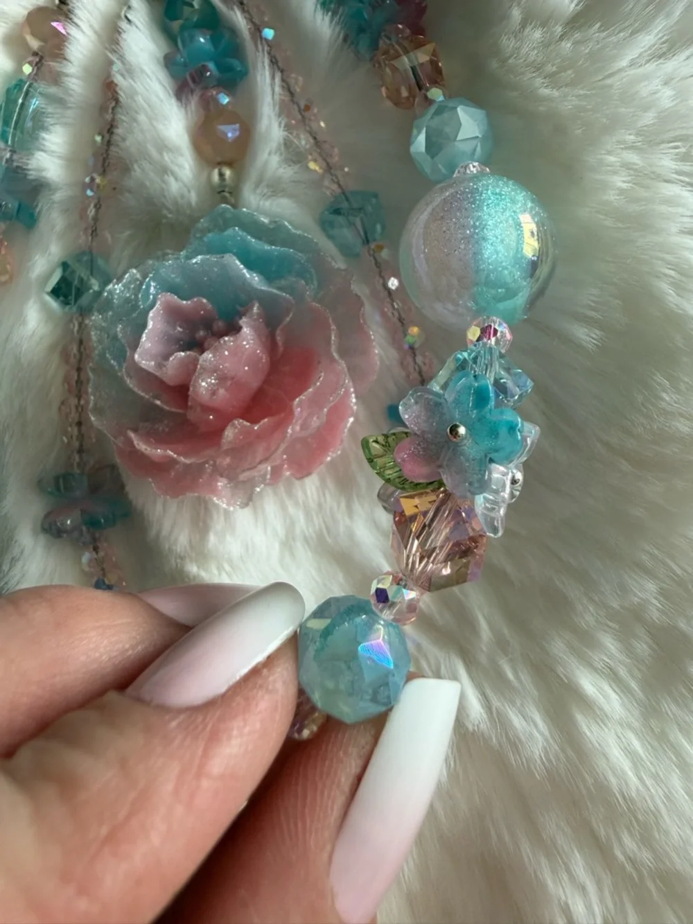 Pastel Pink & Blue Floral Beaded Key and Card Holder Charm